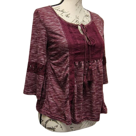 New Burgundy Lace & Knit Peasant Peplum Top Bell Sleeves - Boho Hippie Fall Folk - Picture 3 of 8